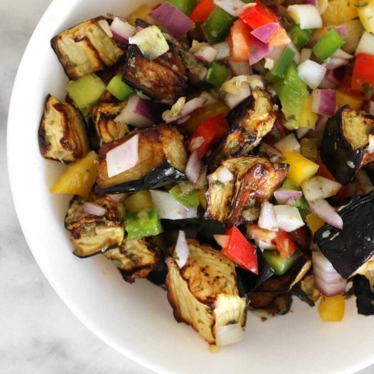 close up of middle eastern eggplant salad in a bowl