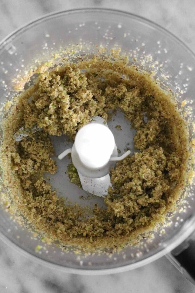 the semolina and pistachios blended together