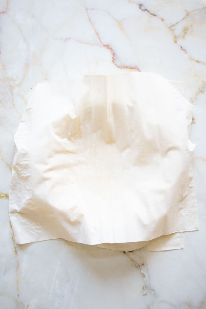 filo sheet laid on a pie dish