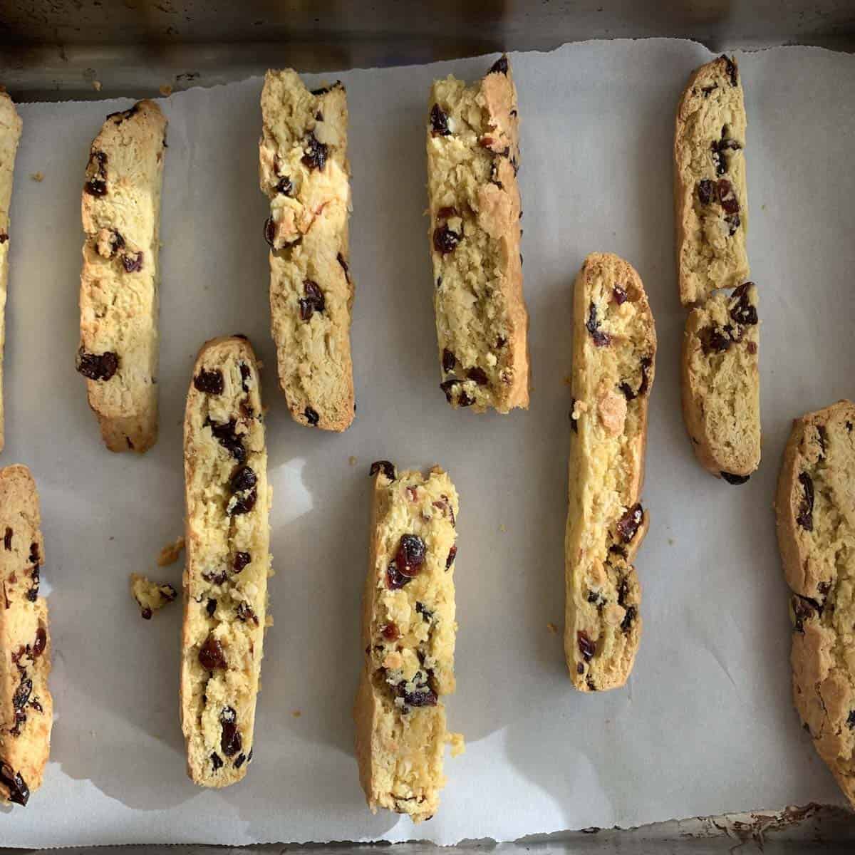 cranberry almond biscotti on a baking sheet