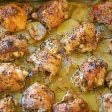crispy roasted chicken thighs and potatoes