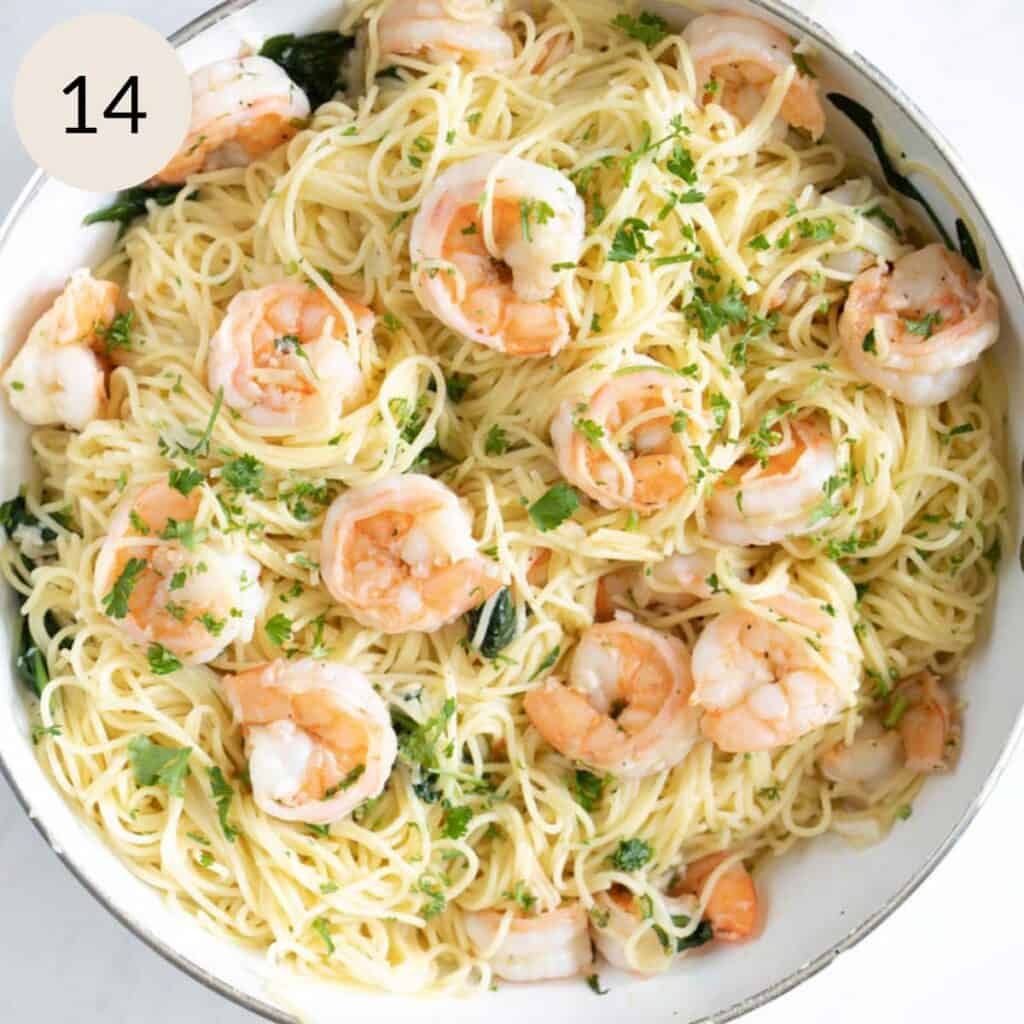 mix the angel hair pasta, parmesan cheese, and garlic shrimp together well
