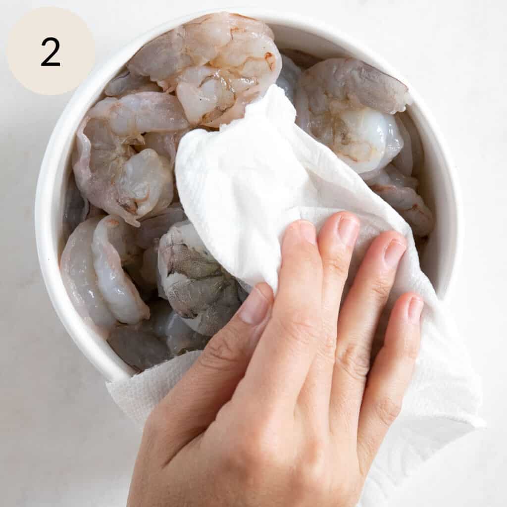pat dry the shrimp with a paper towel