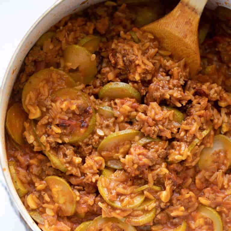 close up view of squash, rice, minced meat casserole