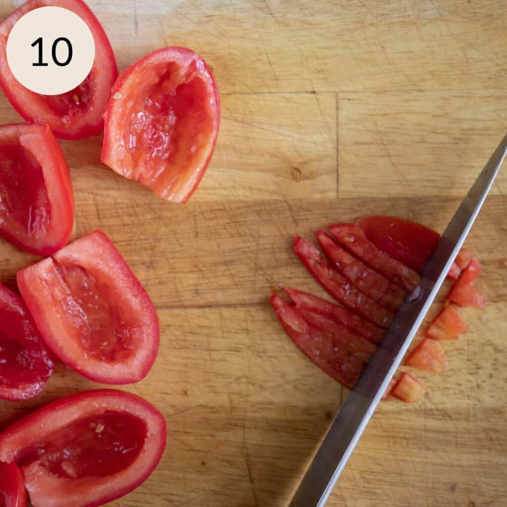 cut perpendicular to finely chop the Roma tomatoes