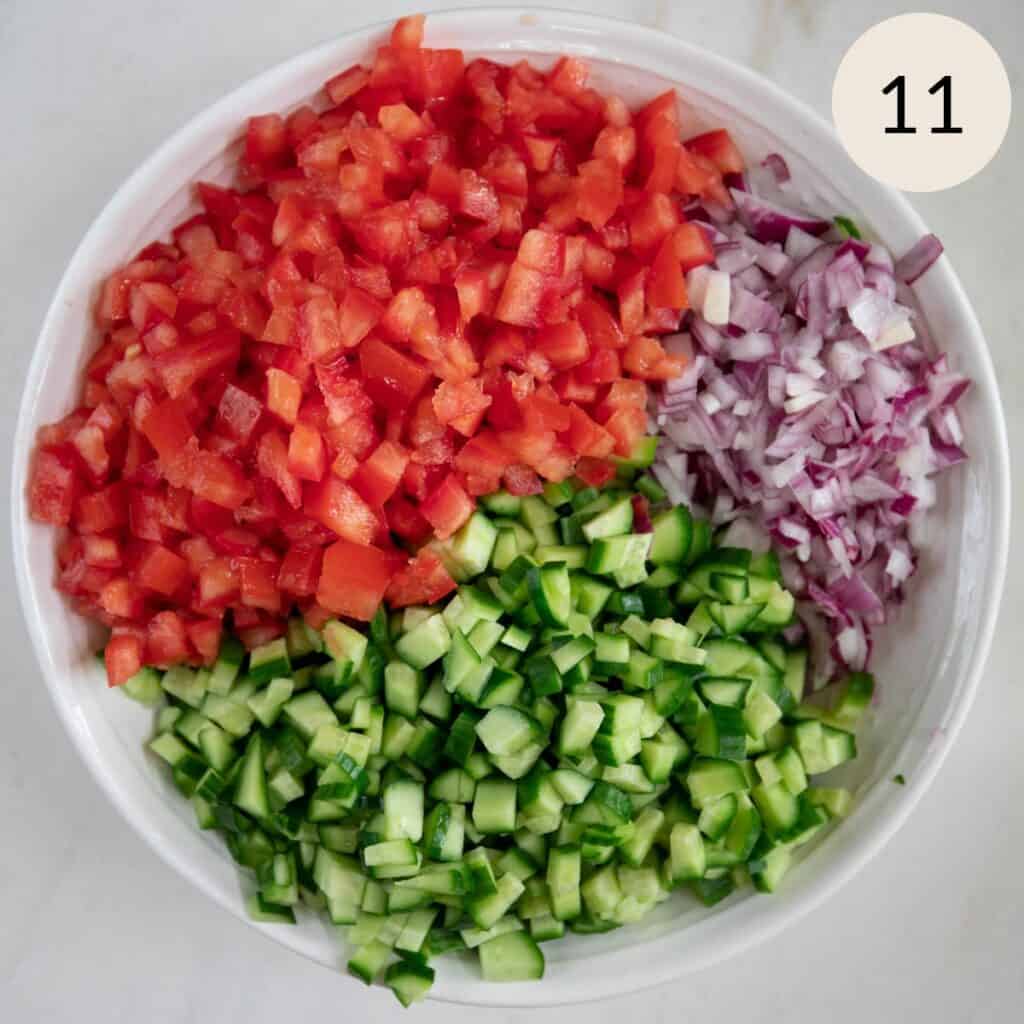 add the chopped Persian cucumbers, Roma tomatoes, and finely diced red onion to a bowl