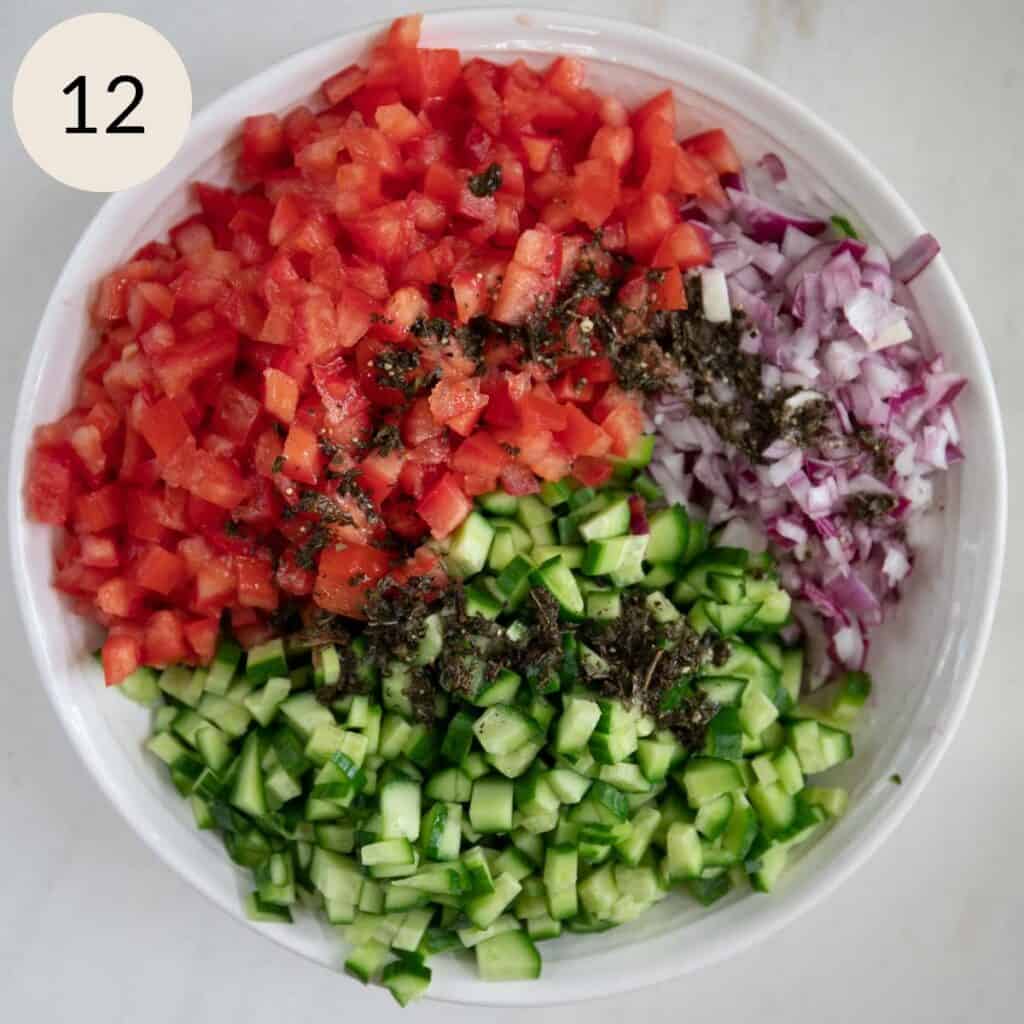 pour the lemon juice and dried mint mixture over the salad