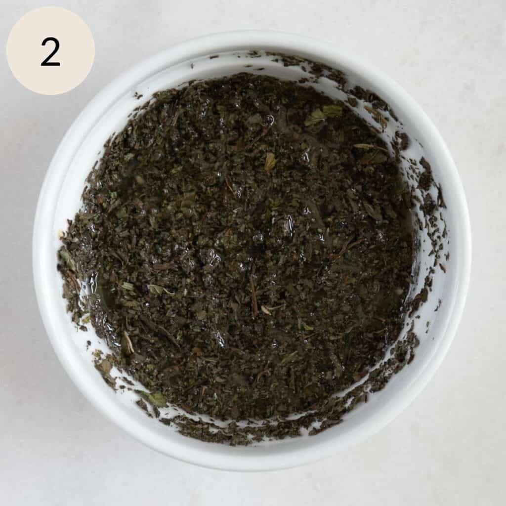 mix the dried mint, salt, pepper, and freshly squeezed lemon juice