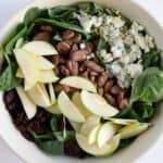 dried cranberries, pecans, gorgonzola cheese, apples, and baby spinach in a bowl