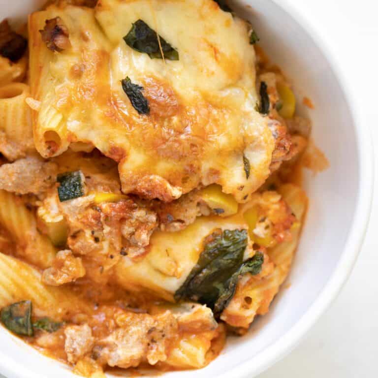 close up view of ricotta and sausage baked ziti