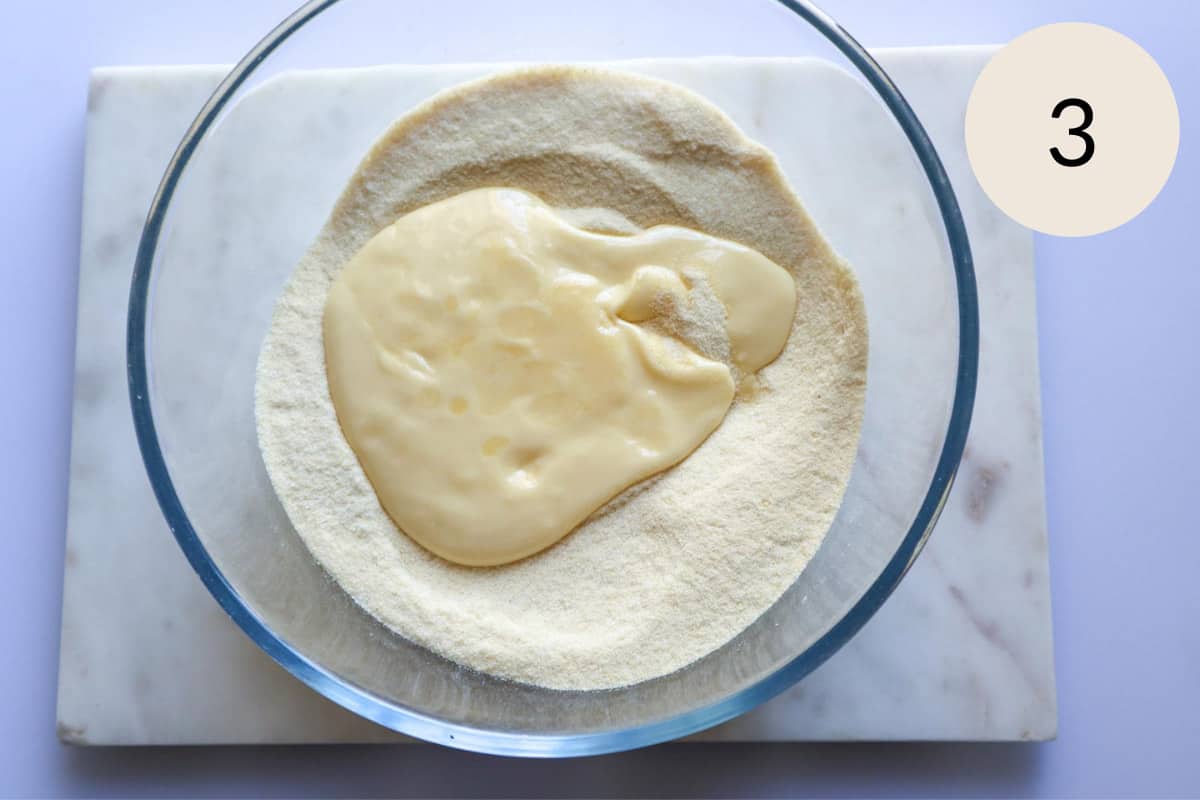 add the melted butter to the semolina and sugar mixture