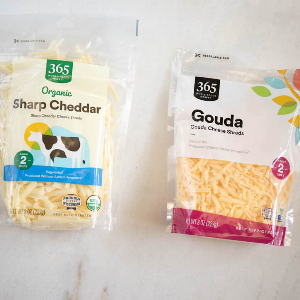 shredded gouda cheese and shredded sharp cheddar cheese