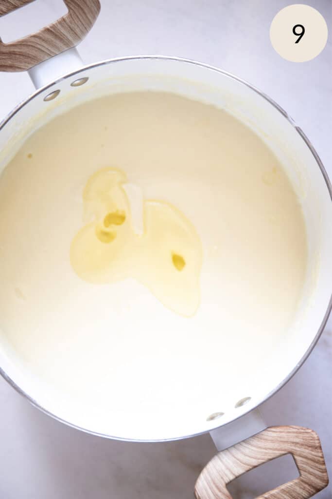 add the white truffle oil to the mac and cheese sauce