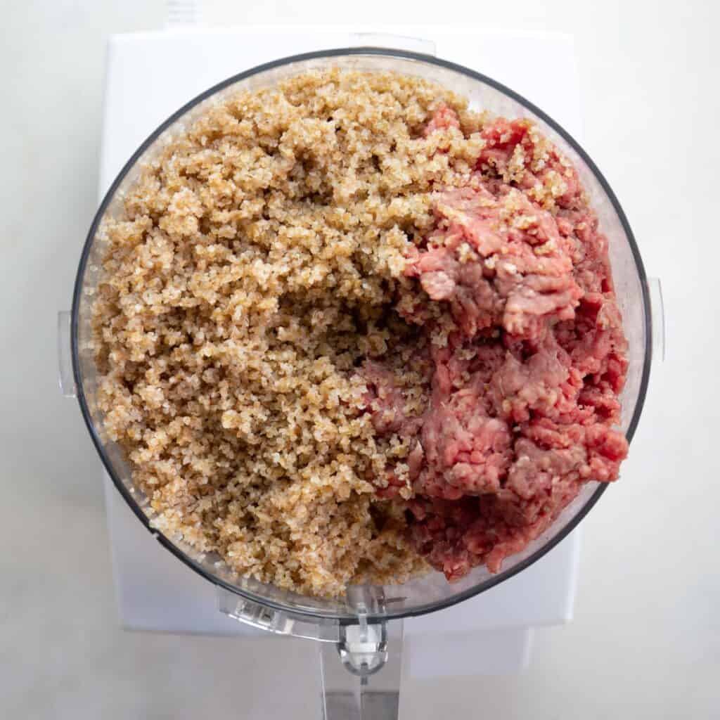 add ground meat and bulgar wheat to the food processor