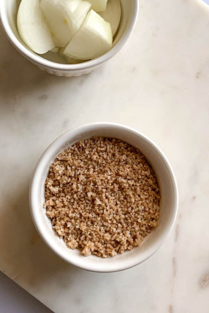 soaked and drained bulgar wheat in a bowl