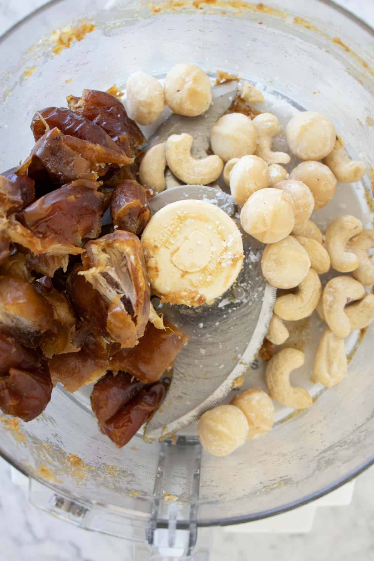 cashew and macadamia larabar in a food processor