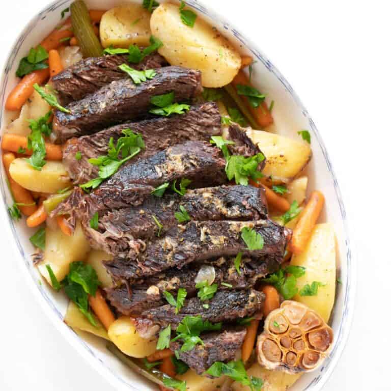 Mediterranean pot roast in a serving dish