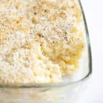 close up view of baked mac and cheese.