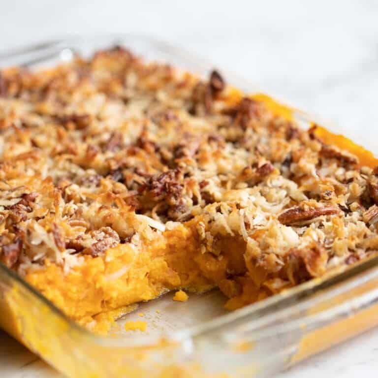 sweet potato casserole with pecans and shredded coconut.