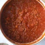 homemade lasagna tomato sauce in a pot.