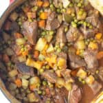 close up view of bazella stew.