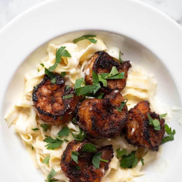 blackened cajun shrimp fettucine alfredo.