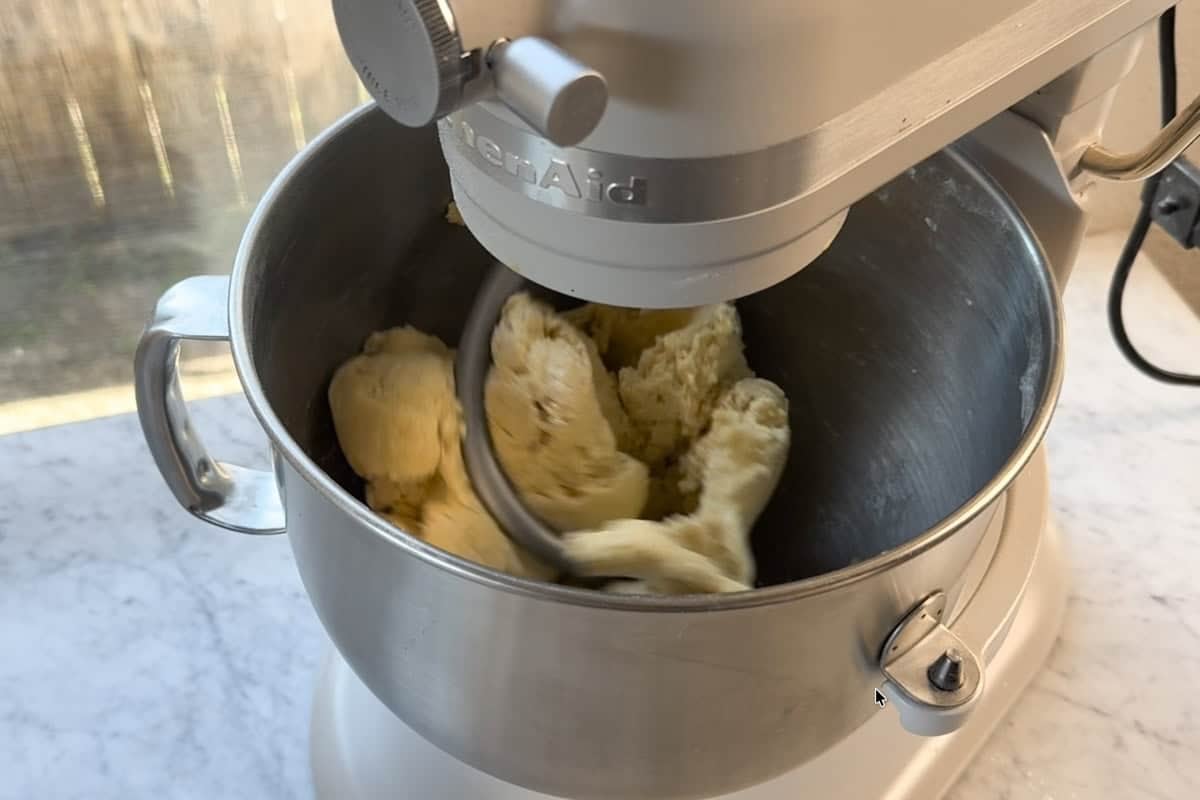 using a dough hook to mix the pasta dough.
