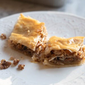 close up view of cinnamon pecan baklava.