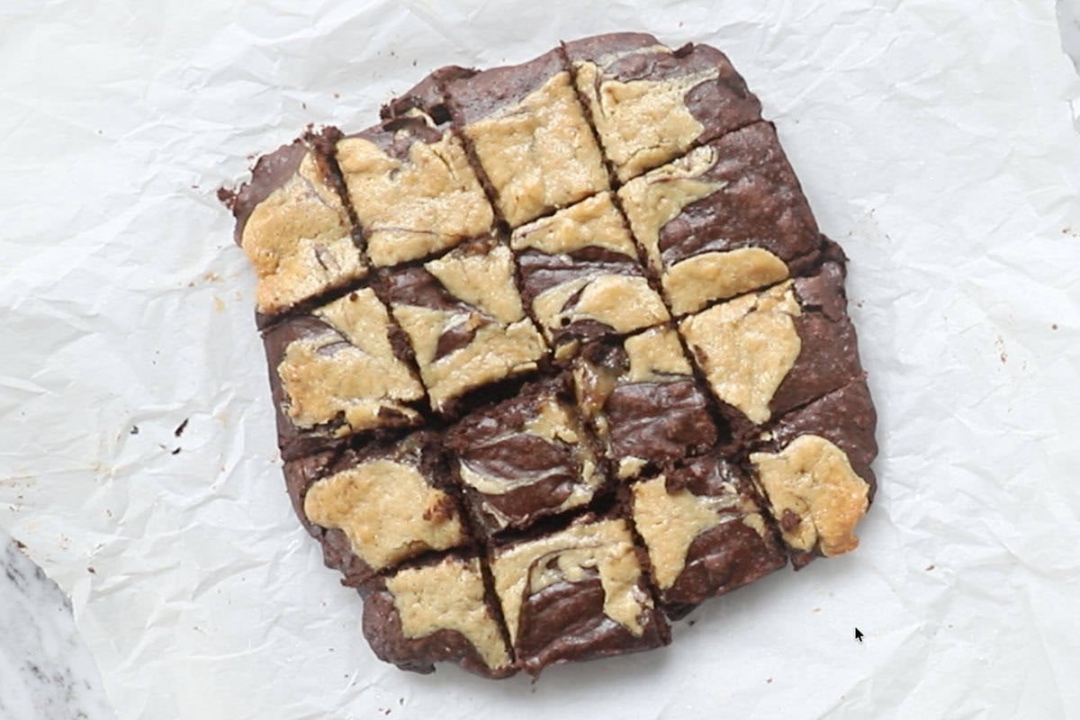 baked tahini brownies cut.