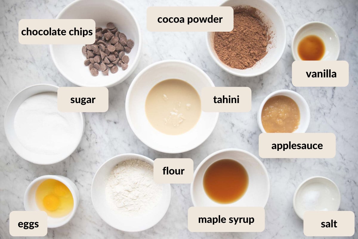 ingredients needed to make chocolate tahini brownies.