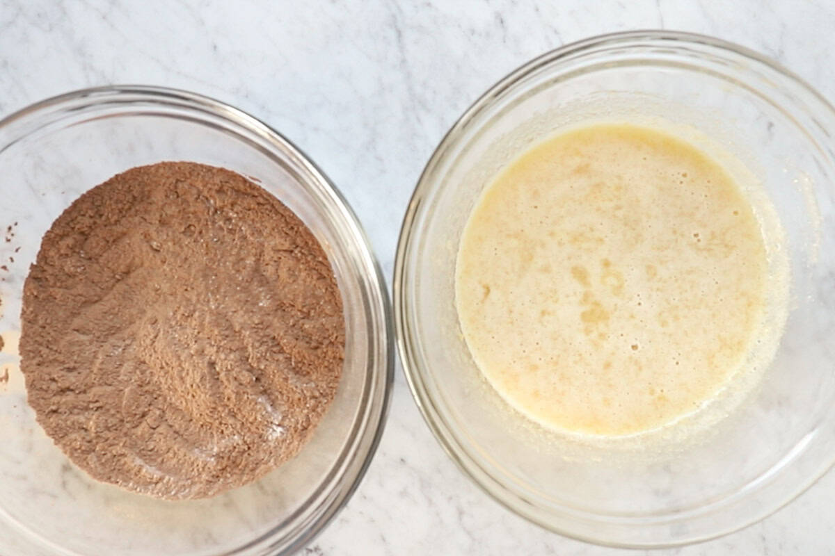 dry ingredients and wet ingredients in a bowl.