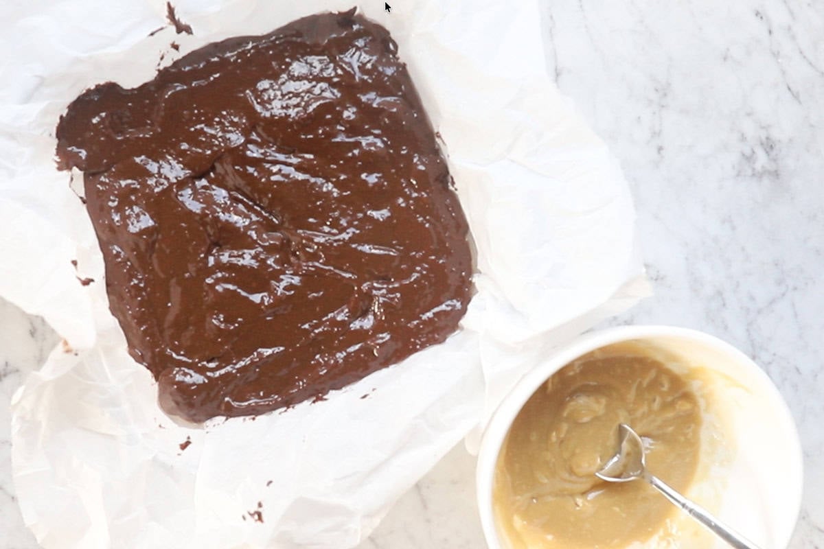 chocolate tahini brownie batter and tahini maple mixture.