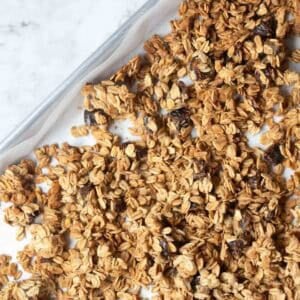 homemade tahini granola in a baking sheet.