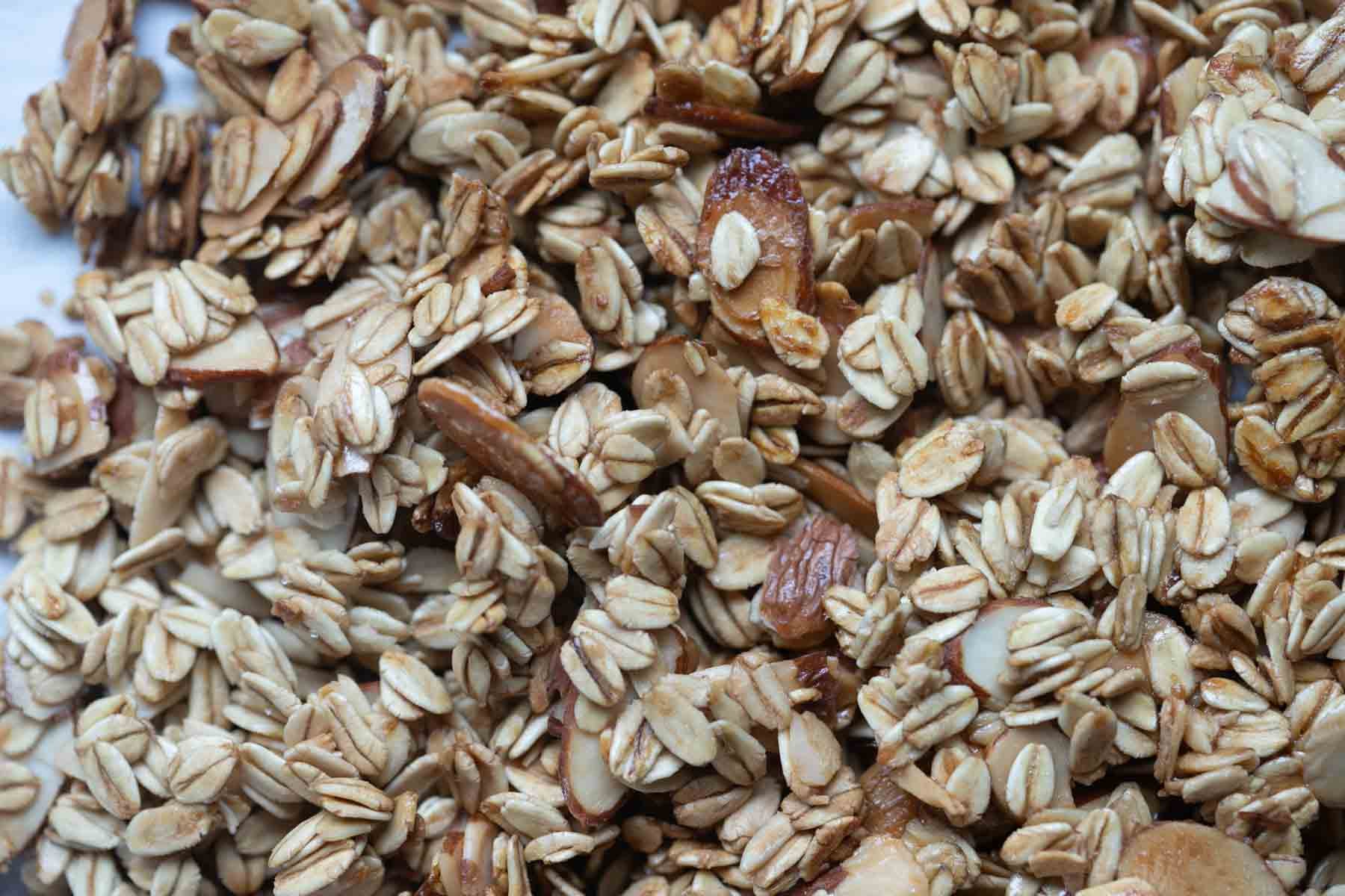 homemade baked vanilla almond granola recipe close up.