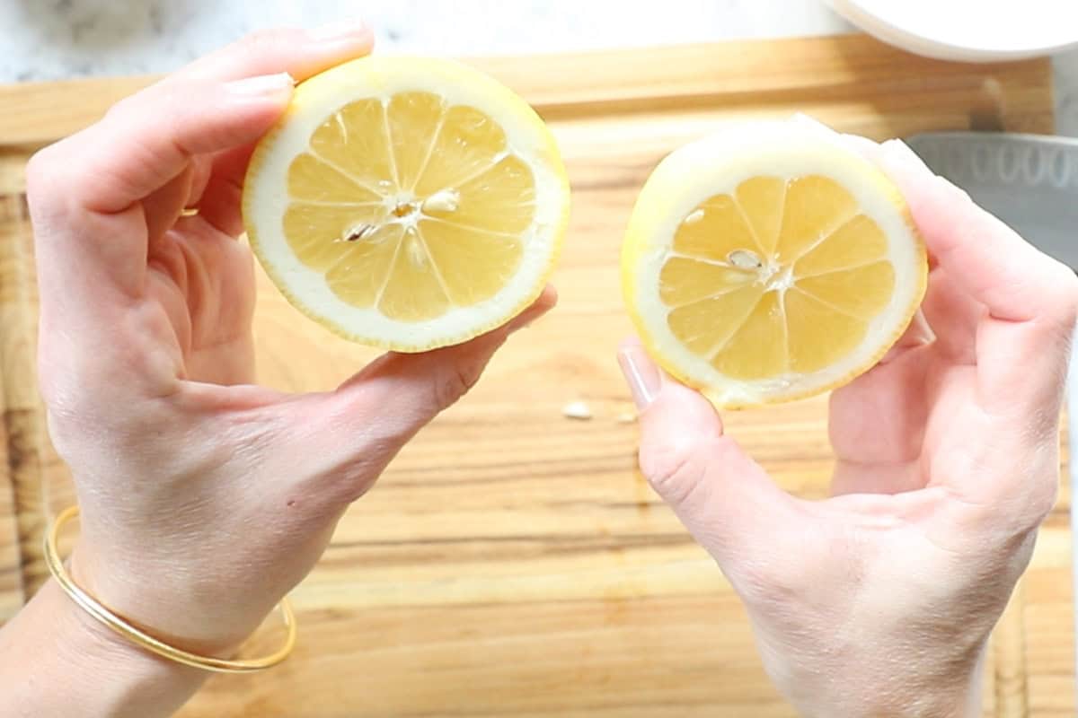a lemon cut in half.